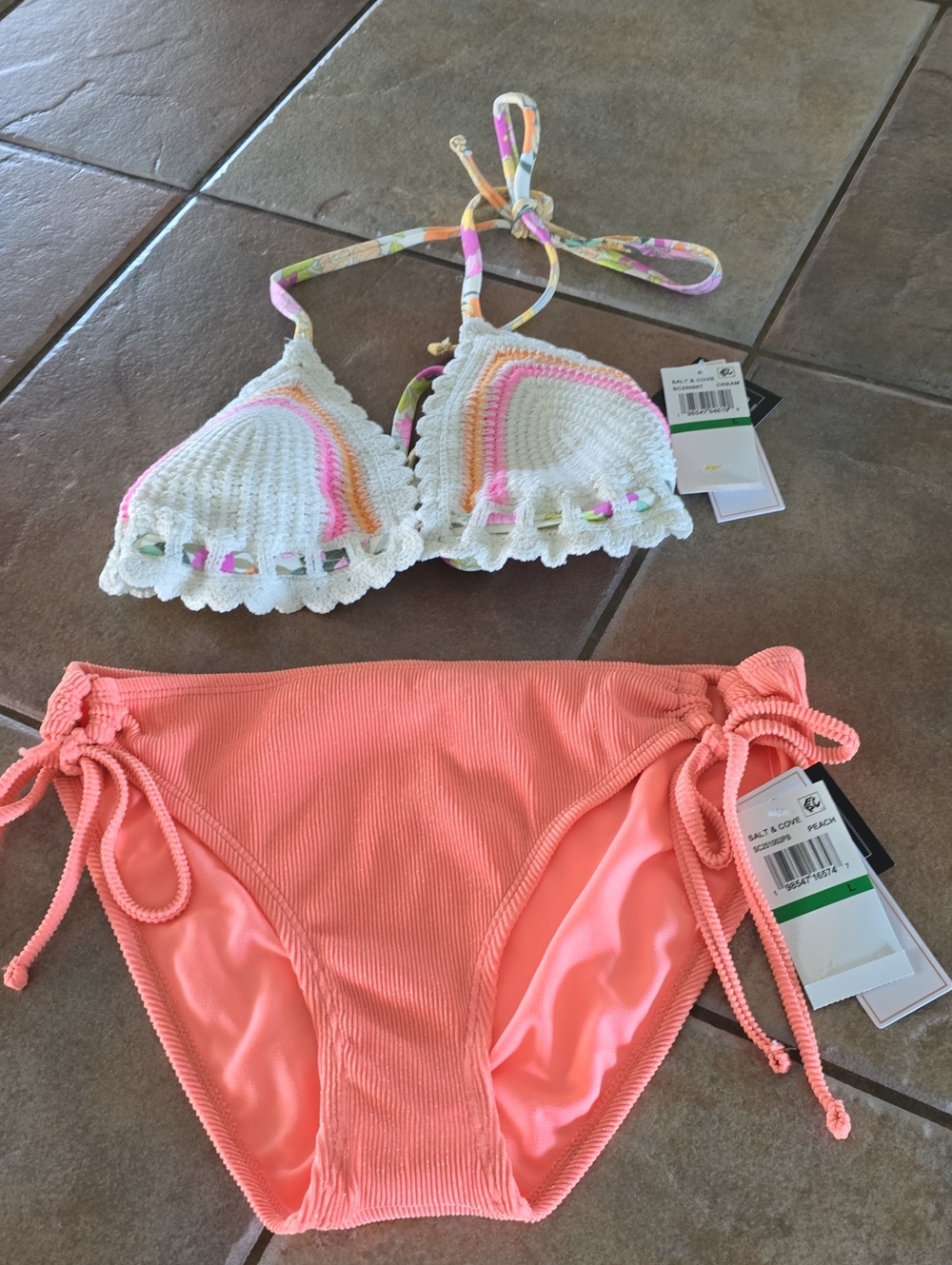 Salt + Cove Peach Ribbed Tie-Side Bikini Bottom Sz Lg Nwt
